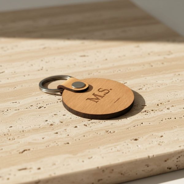 Runder Holz-Schlüsselanhänger mit Gravur – Erlenholz & Leder