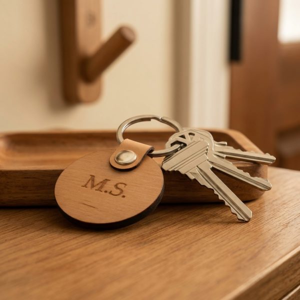 Schlüsselanhänger aus Erlenholz am Schlüsselbund auf Holzablage im Flur