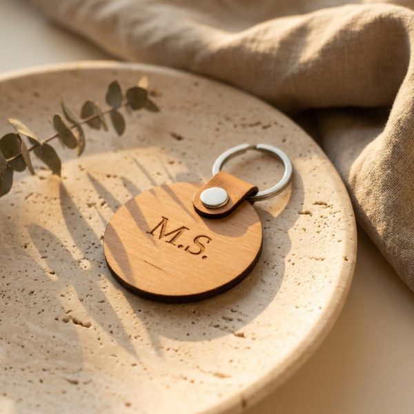 Personalisierter Schlüsselanhänger aus Erlenholz auf Keramikschale mit Eukalyptus